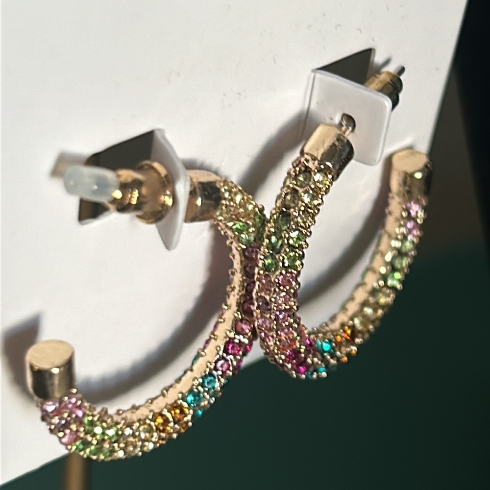 New Gold Tone Multicolored Crystal Encrusted Hoop Earrings